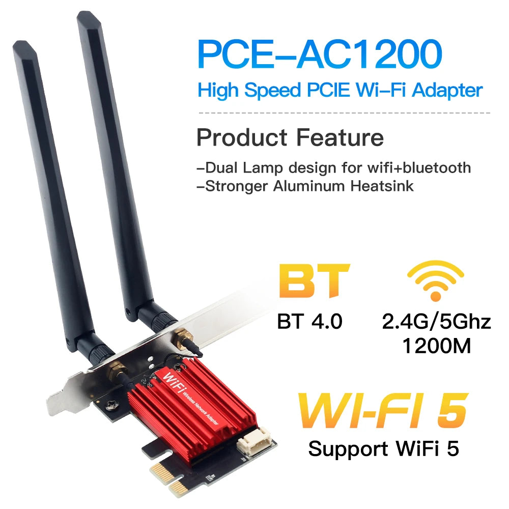 WiFi 5 PCI-E Wireless Adapter Network Card AC1200 Dual Band 2.4G/5GHz 802.11AC