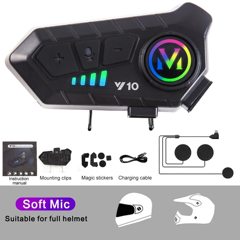 Y10 Motorcycle Helmet Headset Stereo Voice Control Bluetooth Hands Free Call  2000mAh With Ambient Light
